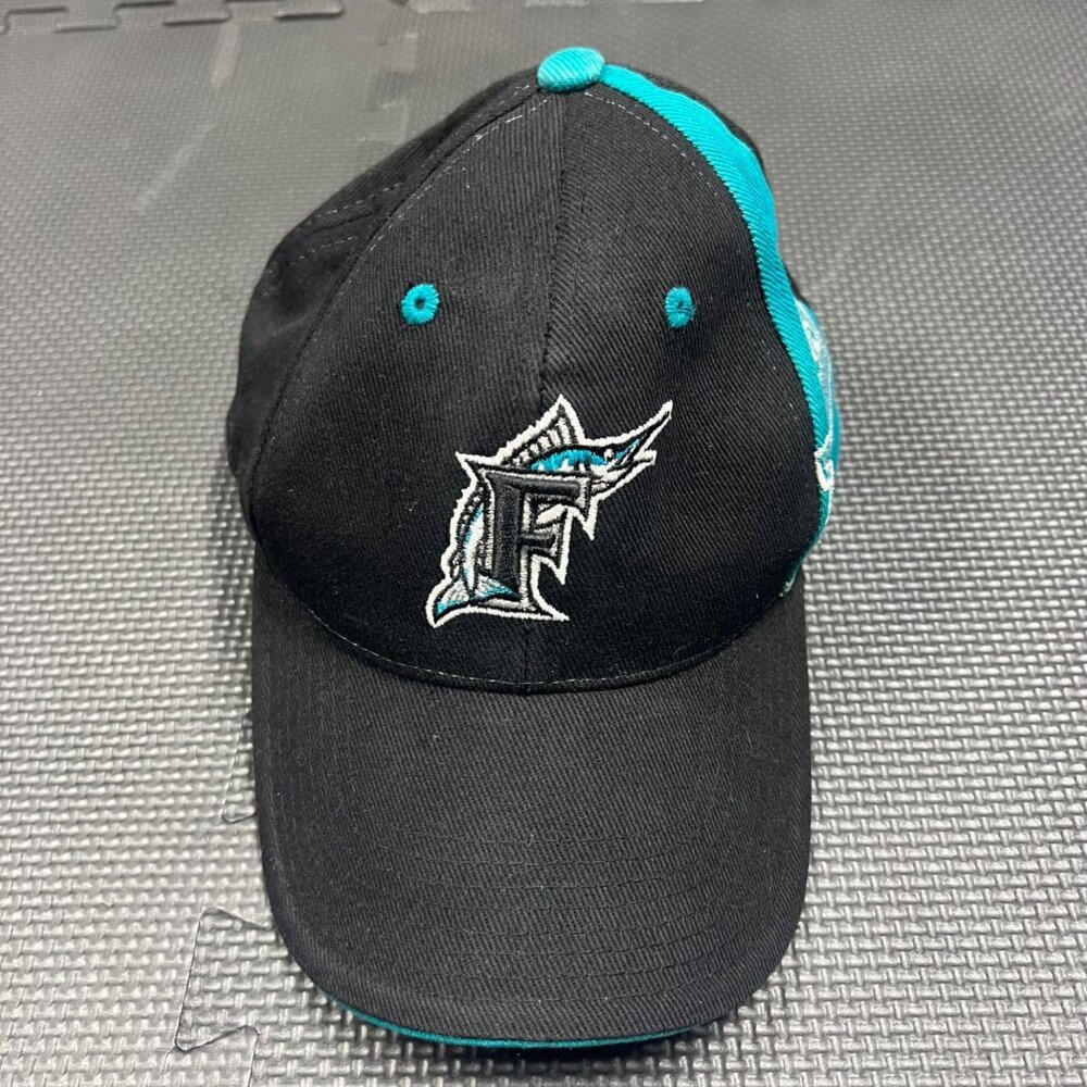 Florida Marlins Black Teal Accent Fitted Baseball Cap With Embroidered Logo